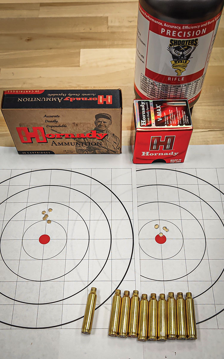Having a handload that shoots the same point of aim as factory ammunition can be very beneficial. The handload using 26.5 grains of Shooters World Precision powder shot nearly the same point of aim as factory Hornady Varmint Express ammunition in the test rifle.